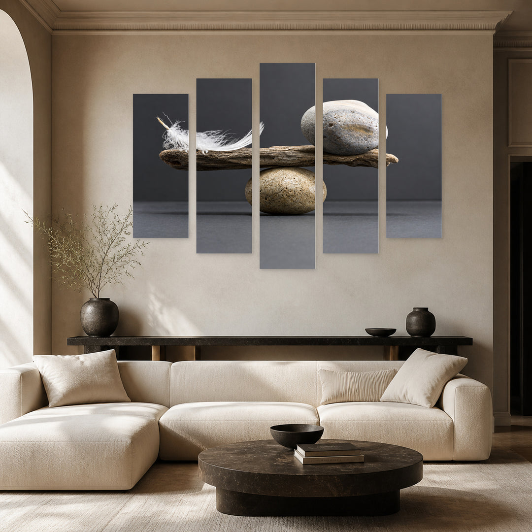 Feather and Stone with Geometric Rhythm — five-panel wall art in alternate frontal interior | 5wallart 57156 M4