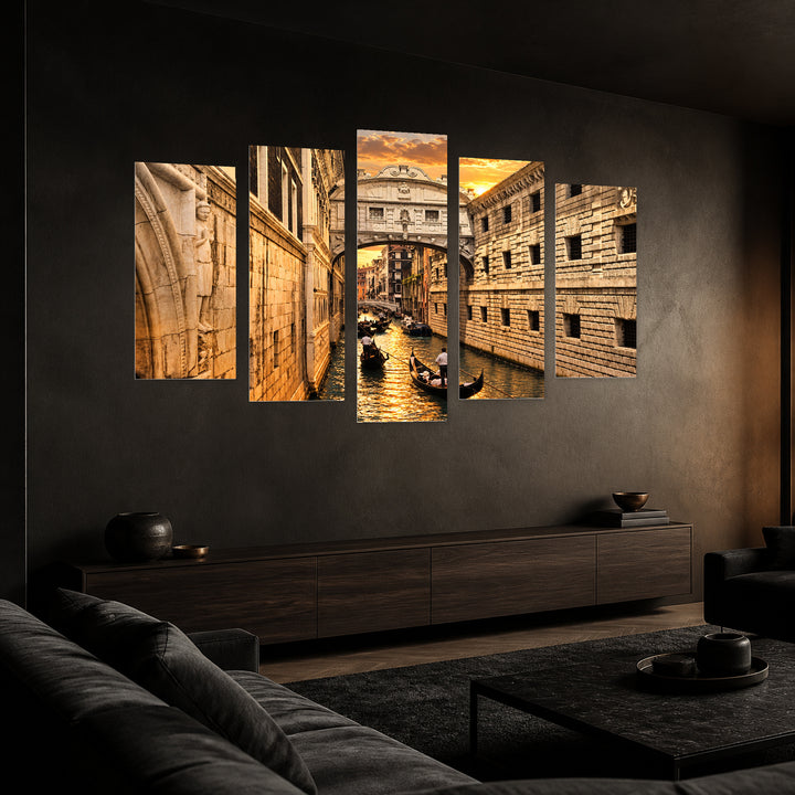 Golden Sunset over Venice — five-panel wall art in perspective interior | 5wallart 57157 M2