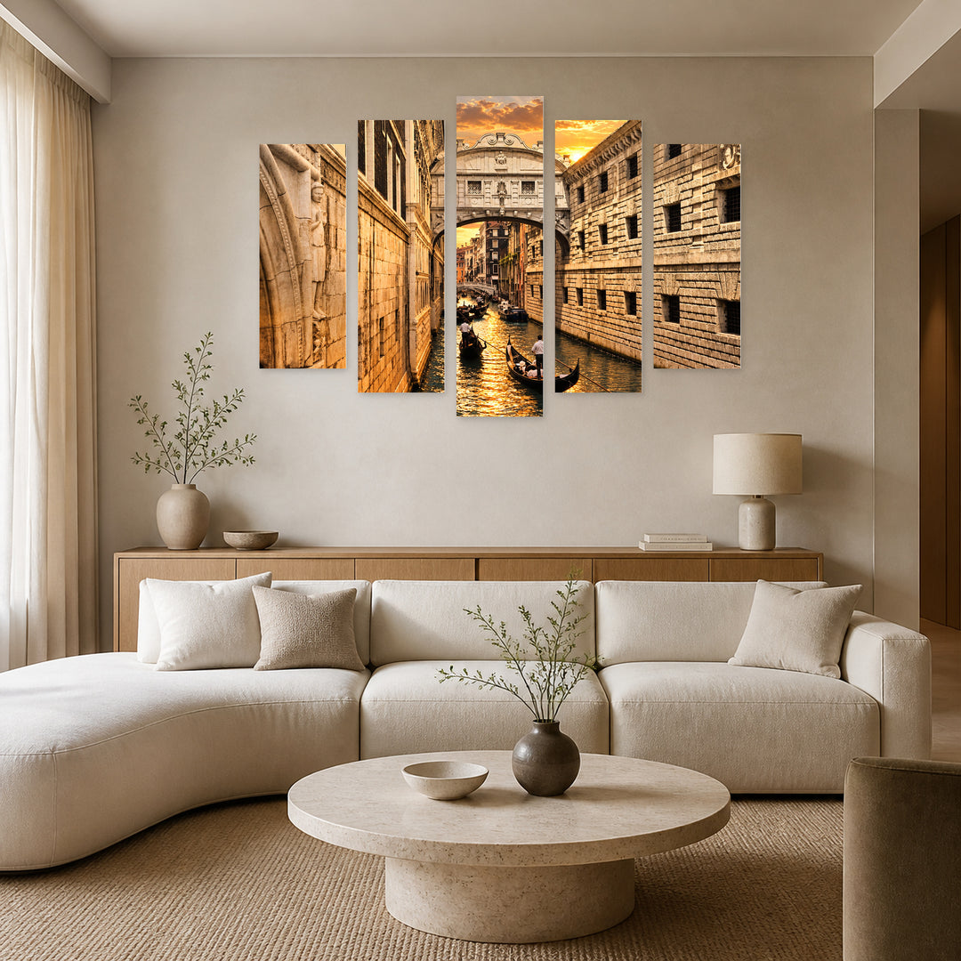 Golden Sunset over Venice — five-panel wall art in frontal interior | 5wallart 57157 M3