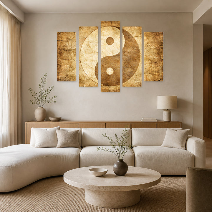 Yin and Yang, Vintage in Serene Light — five-panel wall art in alternate frontal interior | 5wallart 57162 M4