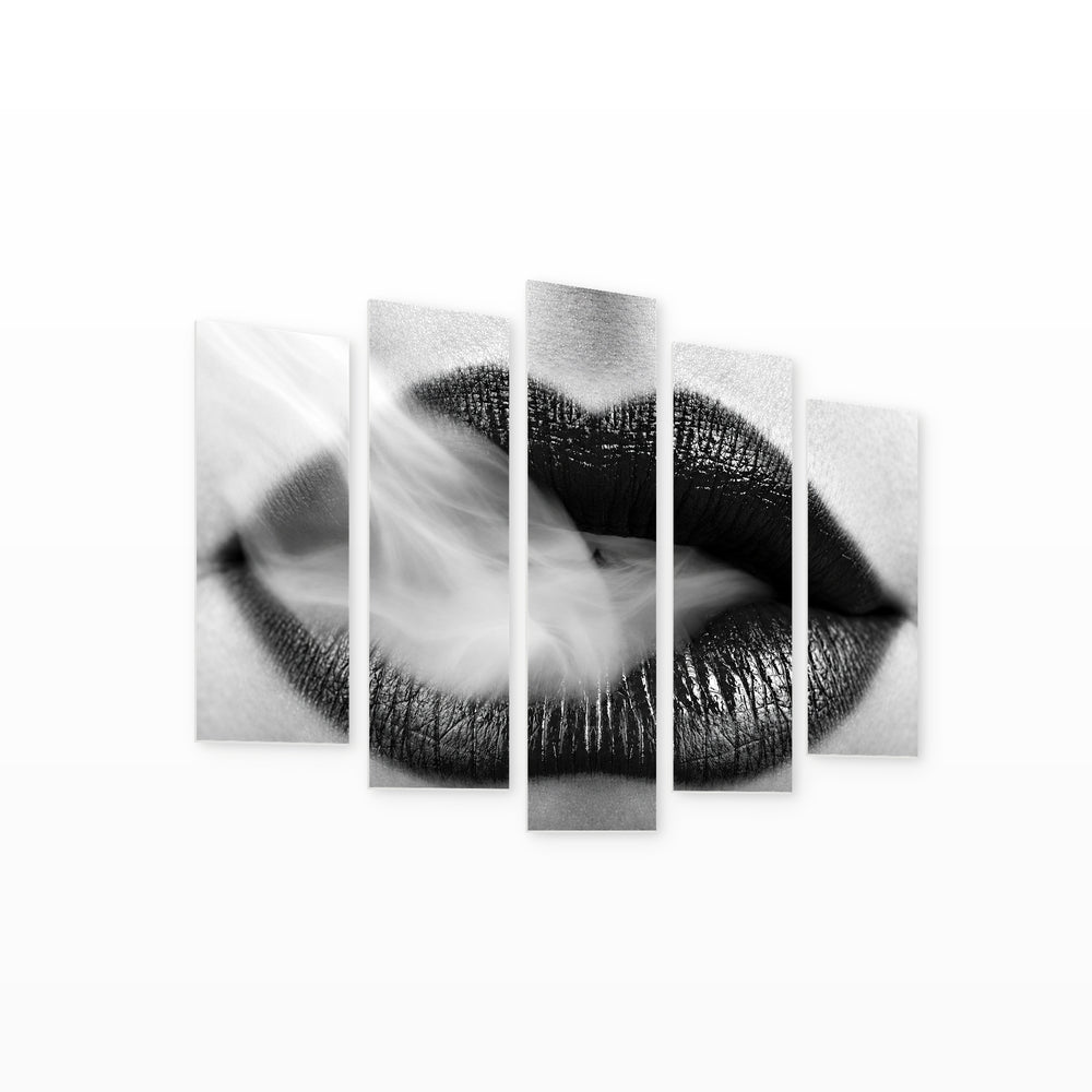 Black and White Lips with Smoke Modern Composition — five-panel wall art on white background in perspective | 5wallart 57200 M1