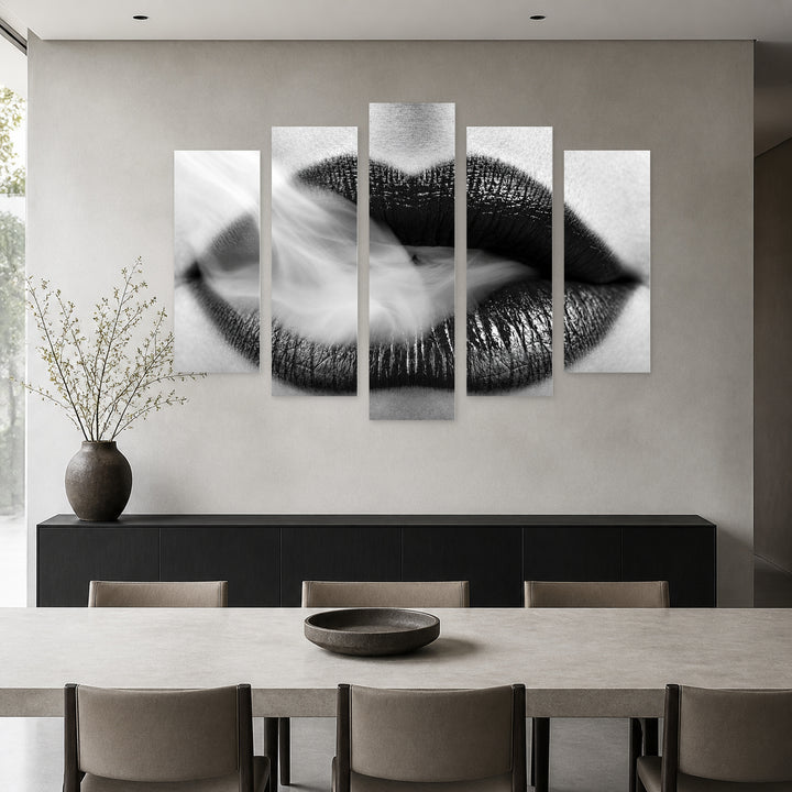 Black and White Lips with Smoke Modern Composition — five-panel wall art in frontal interior | 5wallart 57200 M3