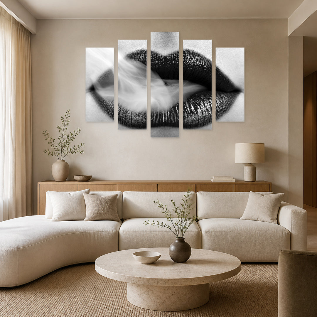 Black and White Lips with Smoke Modern Composition — five-panel wall art in alternate frontal interior | 5wallart 57200 M4