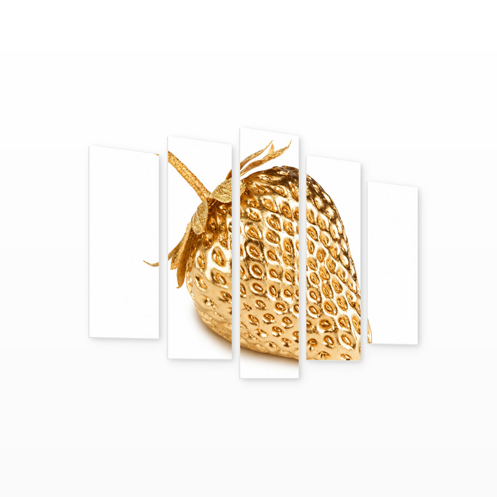 Golden Strawberry Botanical Study — five-panel wall art on white background in perspective | 5wallart 57202 M1