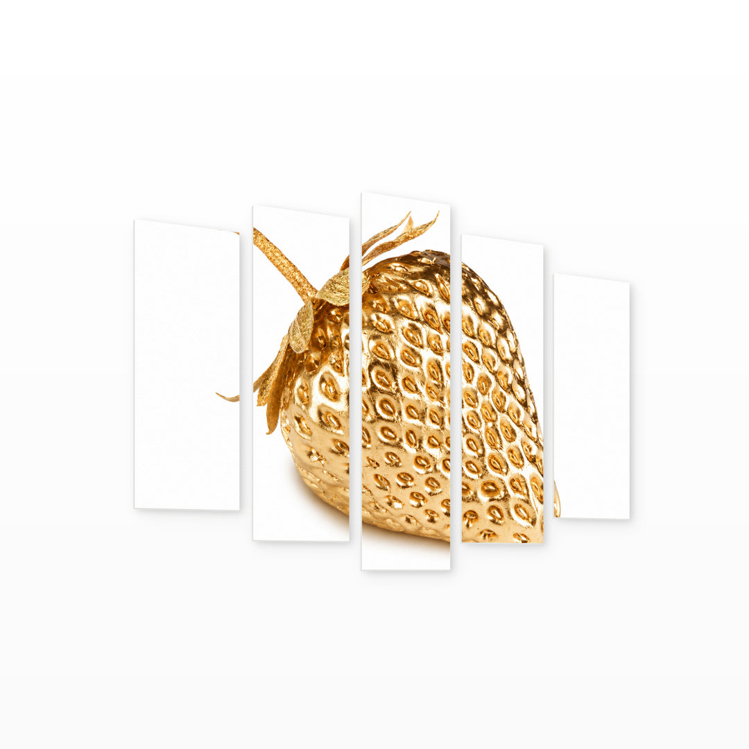 Golden Strawberry Botanical Study — five-panel wall art on white background in perspective | 5wallart 57202 M1
