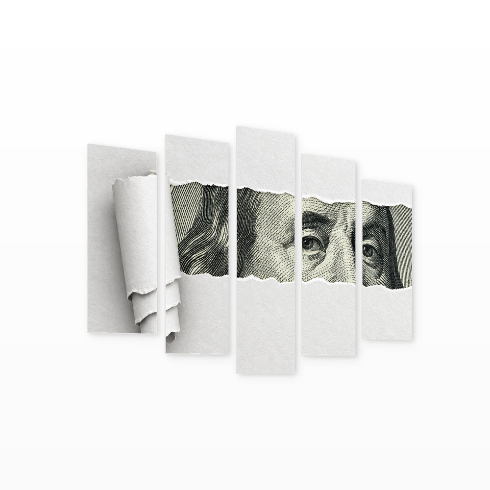 Face of Benjamin Franklin in Serene Light — five-panel wall art on white background in perspective | 5wallart 57203 M1