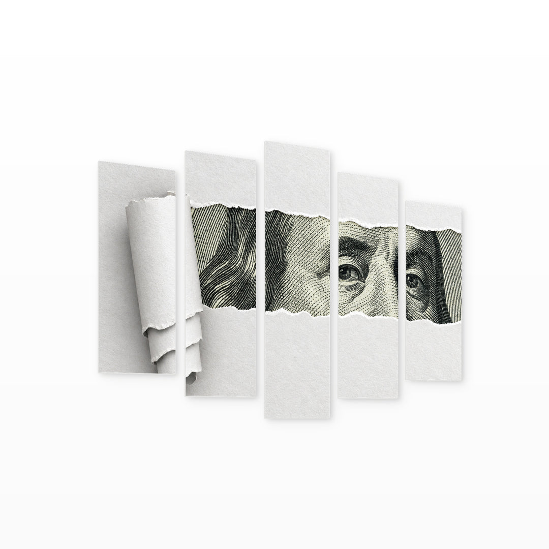 Face of Benjamin Franklin in Serene Light — five-panel wall art on white background in perspective | 5wallart 57203 M1