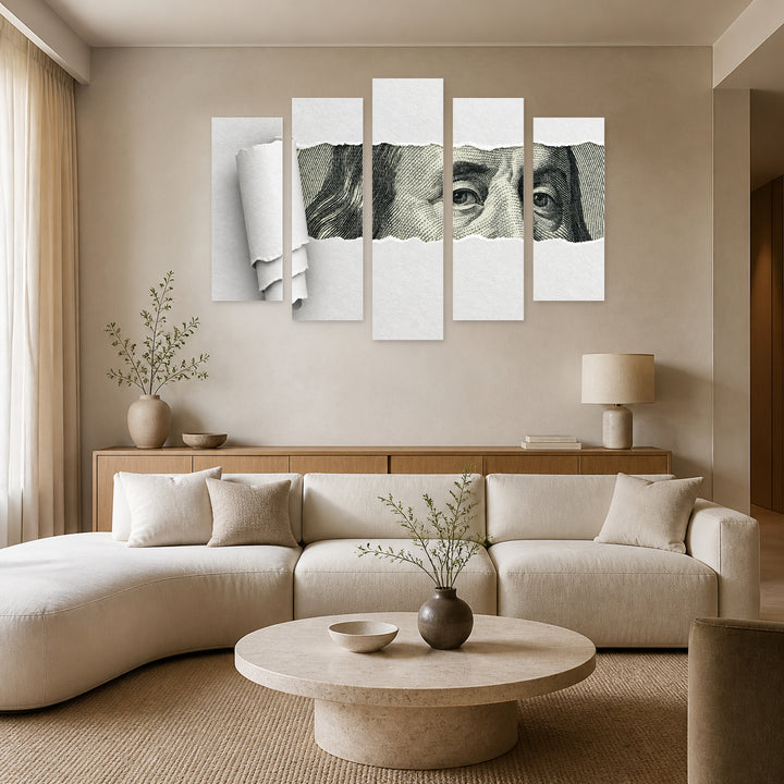 Face of Benjamin Franklin in Serene Light — five-panel wall art in frontal interior | 5wallart 57203 M3