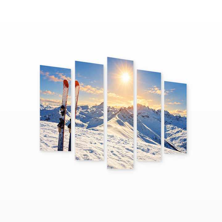 Ski Slope Sunrise in Winter — five-panel wall art on white background in perspective | 5wallart 57204 M1