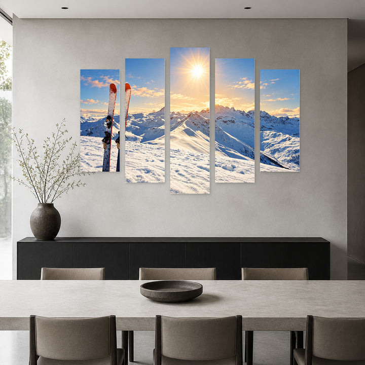 Ski Slope Sunrise in Winter — five-panel wall art in frontal interior | 5wallart 57204 M3