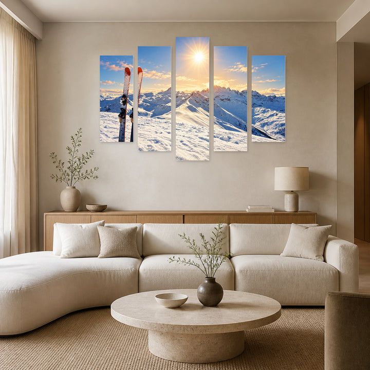 Ski Slope Sunrise in Winter — five-panel wall art in alternate frontal interior | 5wallart 57204 M4