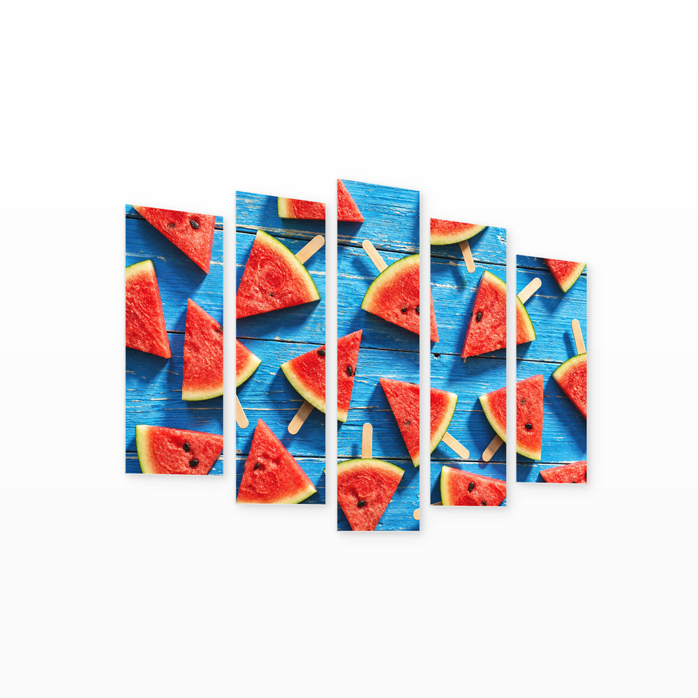 Sliced Watermelon in Serene Light — five-panel wall art on white background in perspective | 5wallart 57211 M1