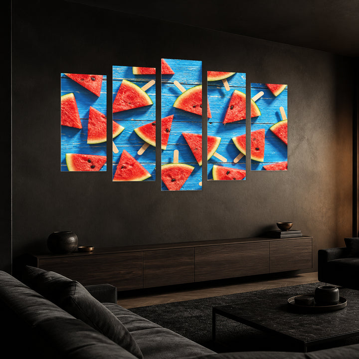 Sliced Watermelon in Serene Light — five-panel wall art in perspective interior | 5wallart 57211 M2
