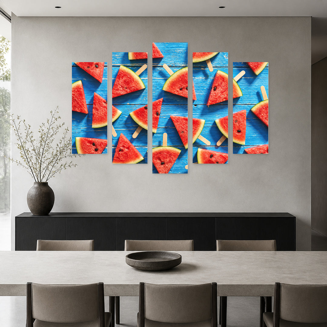 Sliced Watermelon in Serene Light — five-panel wall art in alternate frontal interior | 5wallart 57211 M4