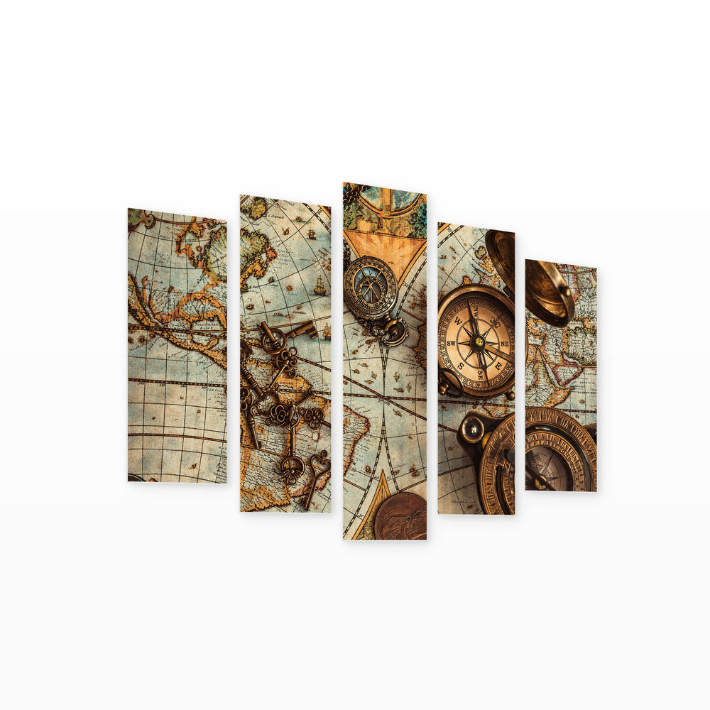 Vintage Map and Compass with Dramatic Contrast — five-panel wall art on white background in perspective | 5wallart 57213 M1