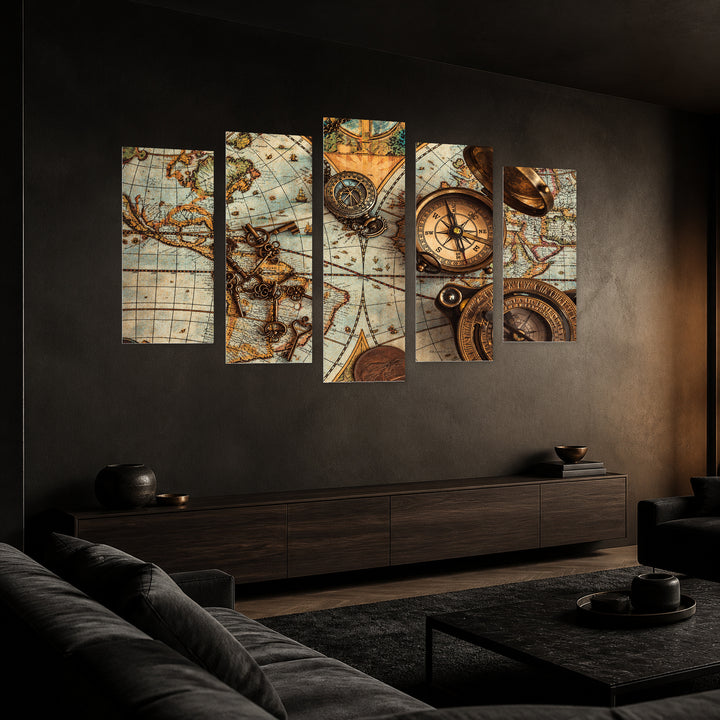 Vintage Map and Compass with Dramatic Contrast — five-panel wall art in perspective interior | 5wallart 57213 M2