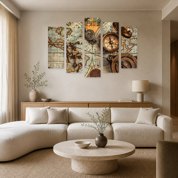 Vintage Map and Compass with Dramatic Contrast — five-panel wall art in frontal interior | 5wallart 57213 M3