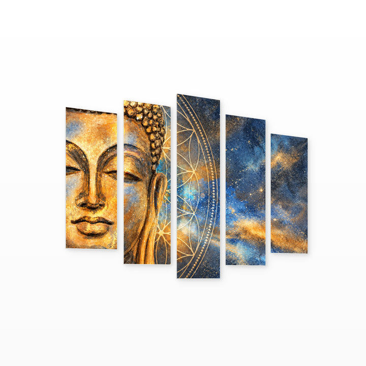 Buddha Head and Stars in Blue and Gold — five-panel wall art on white background in perspective | 5wallart 57215 M1