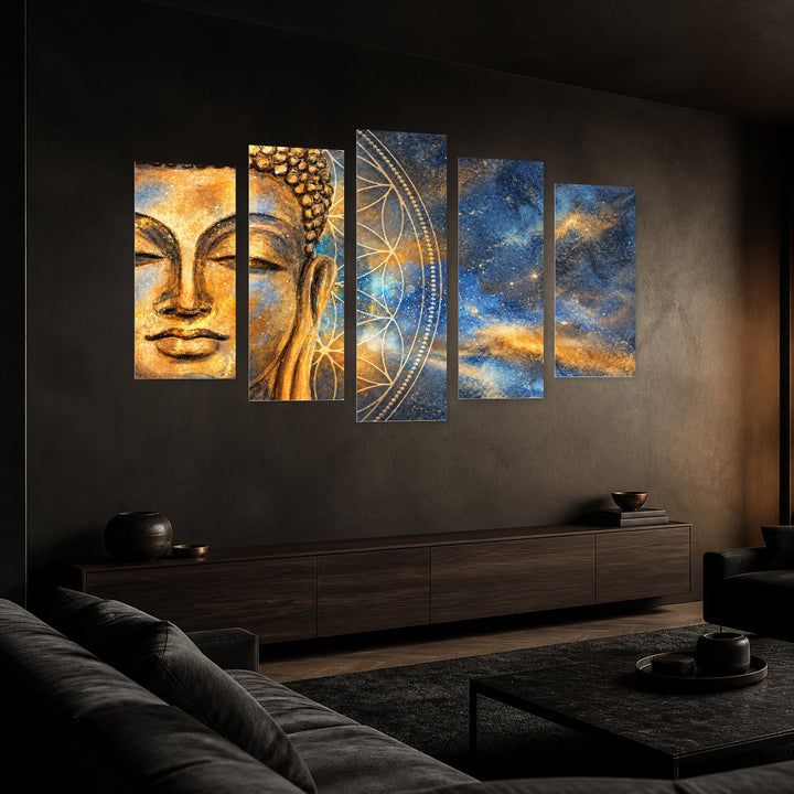 Buddha Head and Stars in Blue and Gold — five-panel wall art in perspective interior | 5wallart 57215 M2