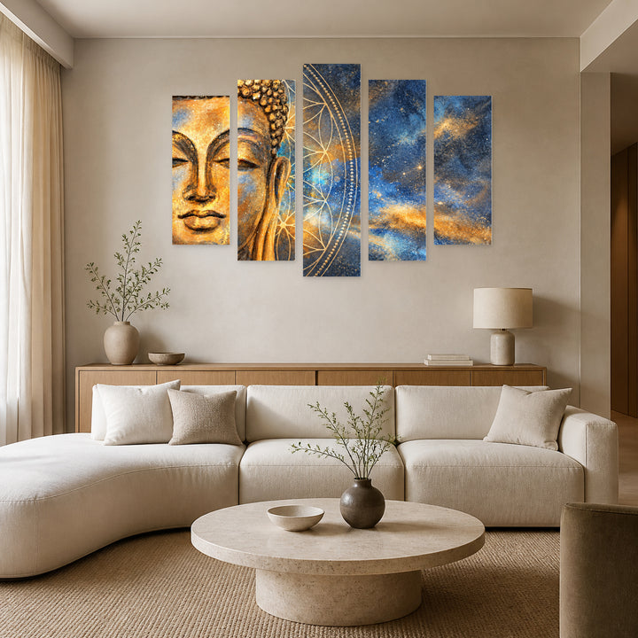 Buddha Head and Stars in Blue and Gold — five-panel wall art in frontal interior | 5wallart 57215 M3