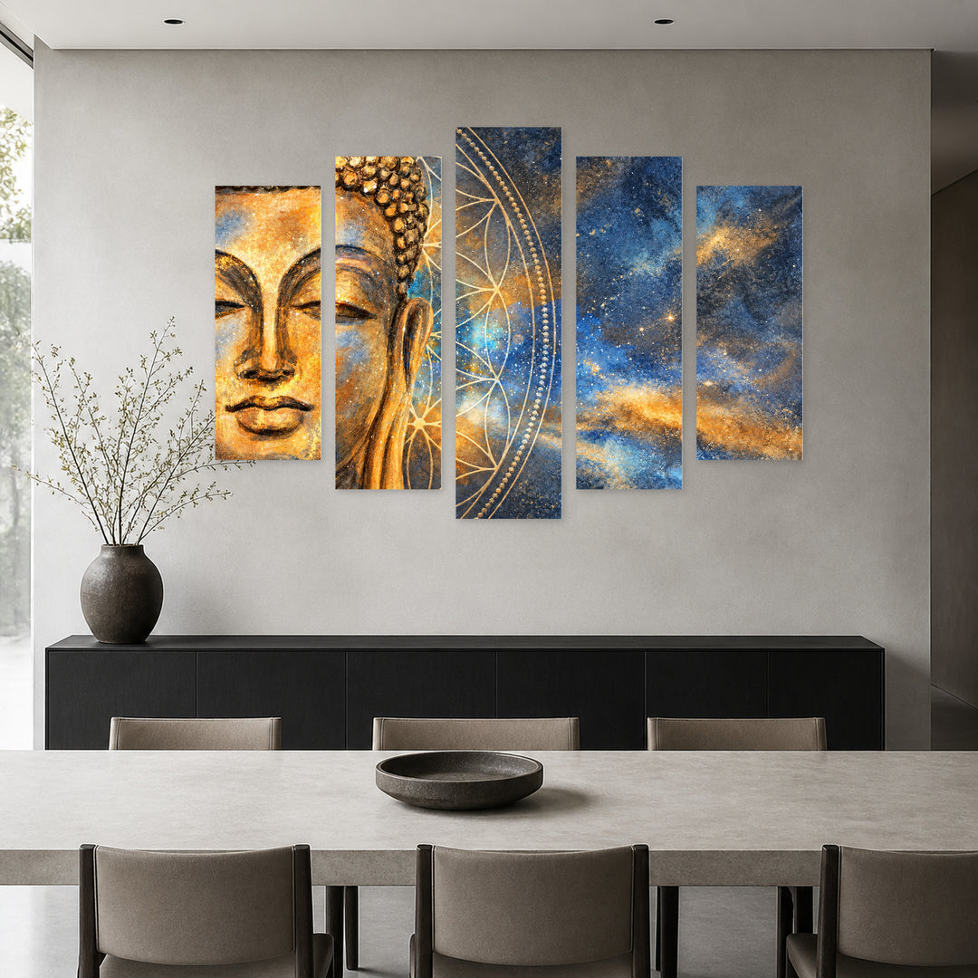 Buddha Head and Stars in Blue and Gold — five-panel wall art in alternate frontal interior | 5wallart 57215 M4