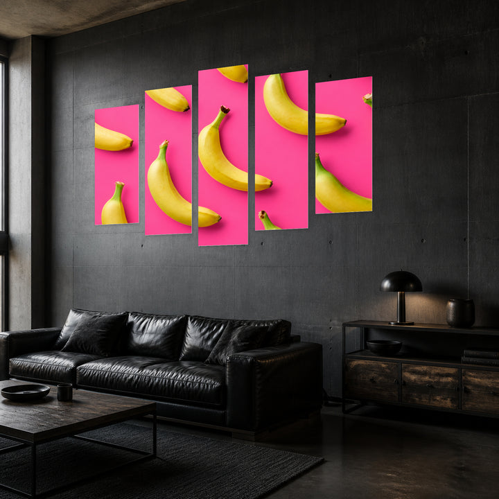 Bananas on Pink Background in Vivid Color — five-panel wall art in perspective interior | 5wallart 57216 M2