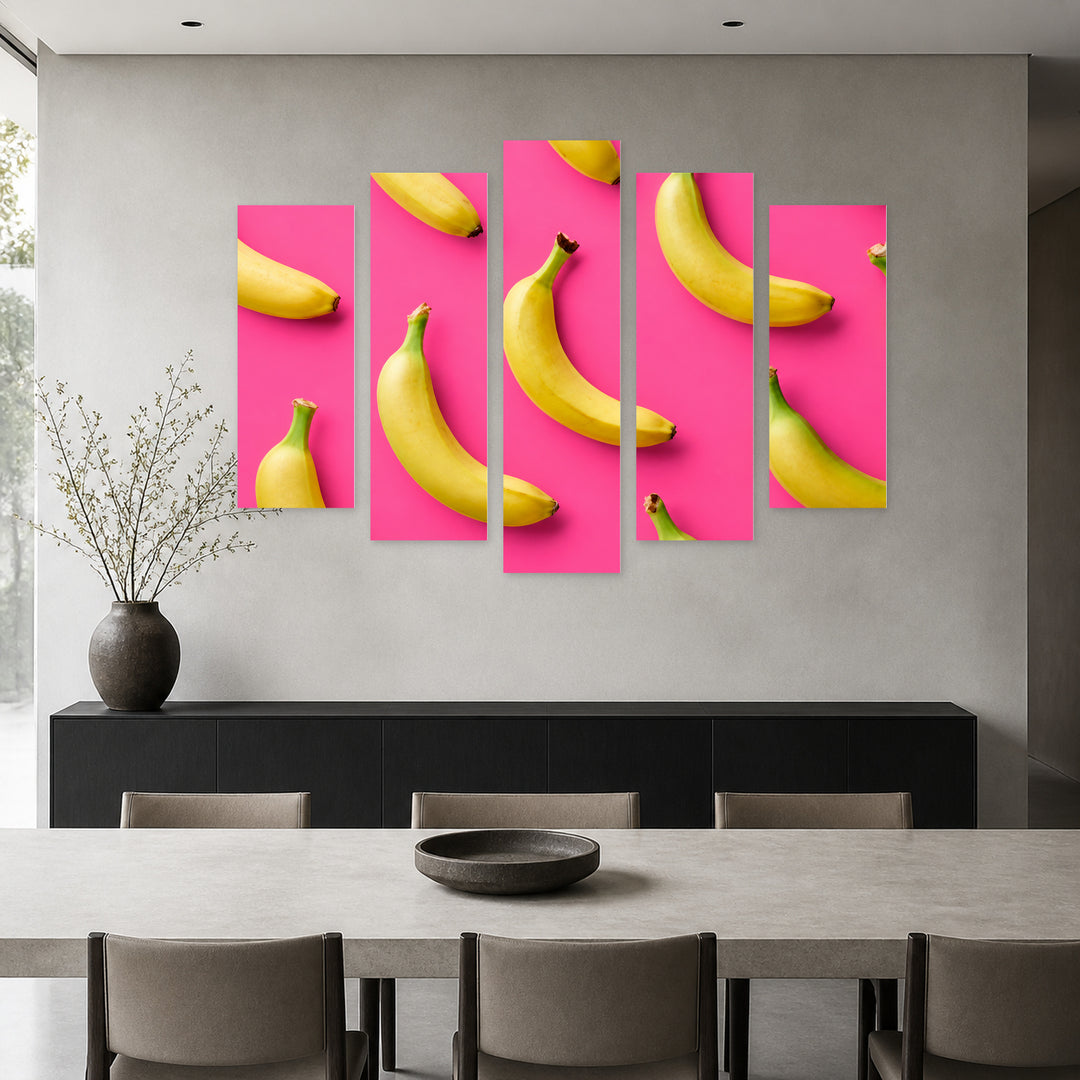 Bananas on Pink Background in Vivid Color — five-panel wall art in frontal interior | 5wallart 57216 M3