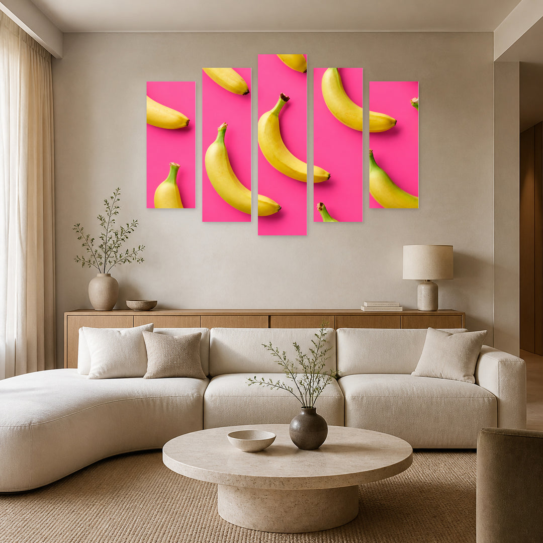 Bananas on Pink Background in Vivid Color — five-panel wall art in alternate frontal interior | 5wallart 57216 M4