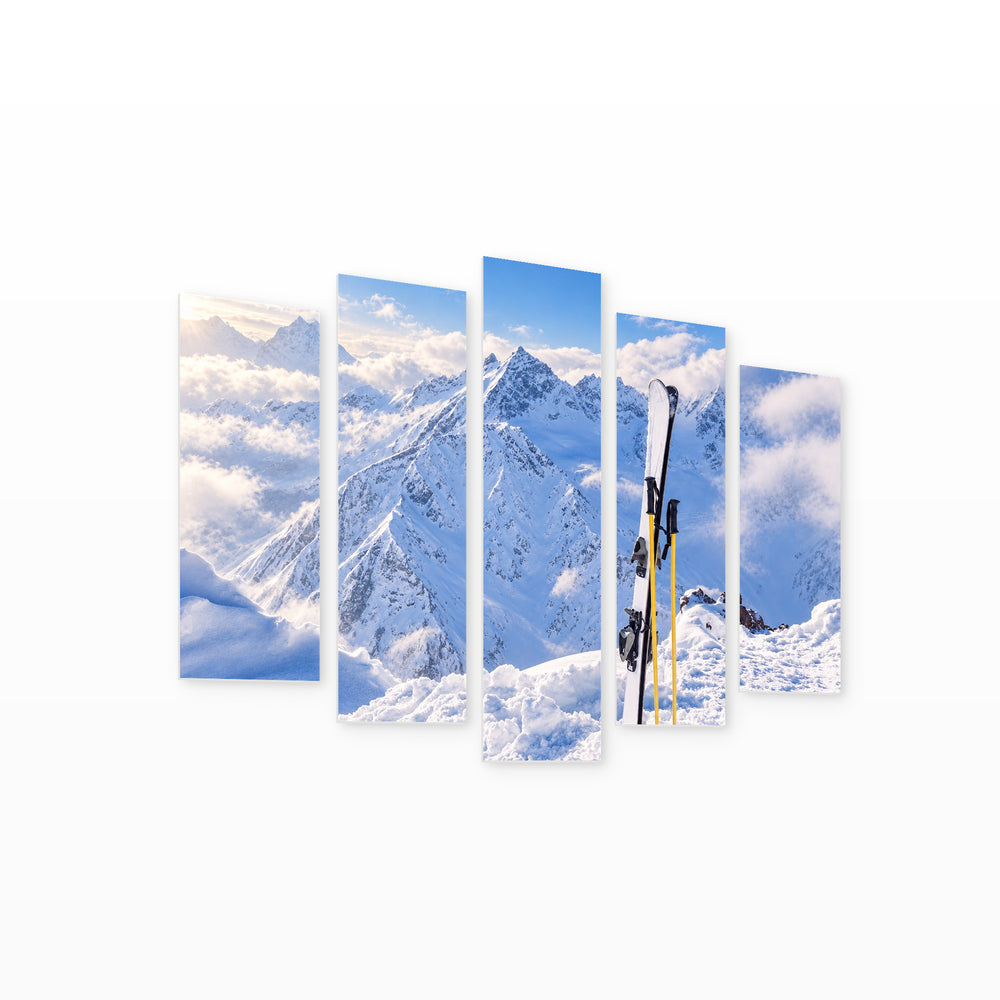 Winter Mountains and Ski Gear in Serene Light — five-panel wall art on white background in perspective | 5wallart 57221 M1