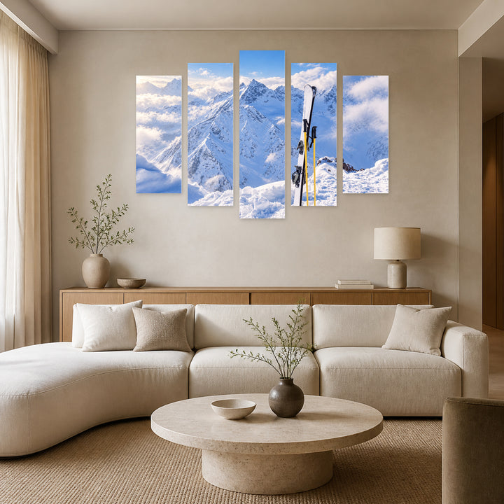 Winter Mountains and Ski Gear in Serene Light — five-panel wall art in frontal interior | 5wallart 57221 M3