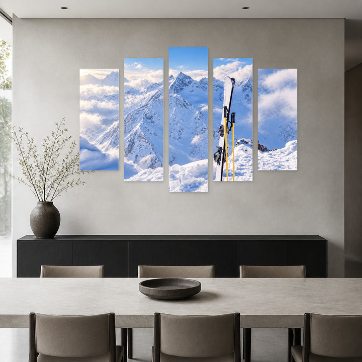 Winter Mountains and Ski Gear in Serene Light — five-panel wall art in alternate frontal interior | 5wallart 57221 M4