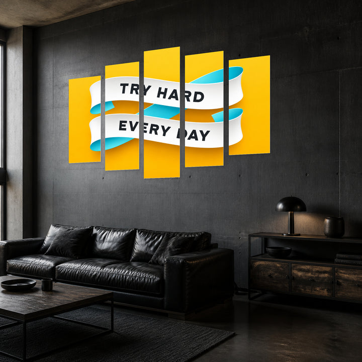 Try Hard Every Day in Blue and Gold — five-panel wall art in perspective interior | 5wallart 57224 M2