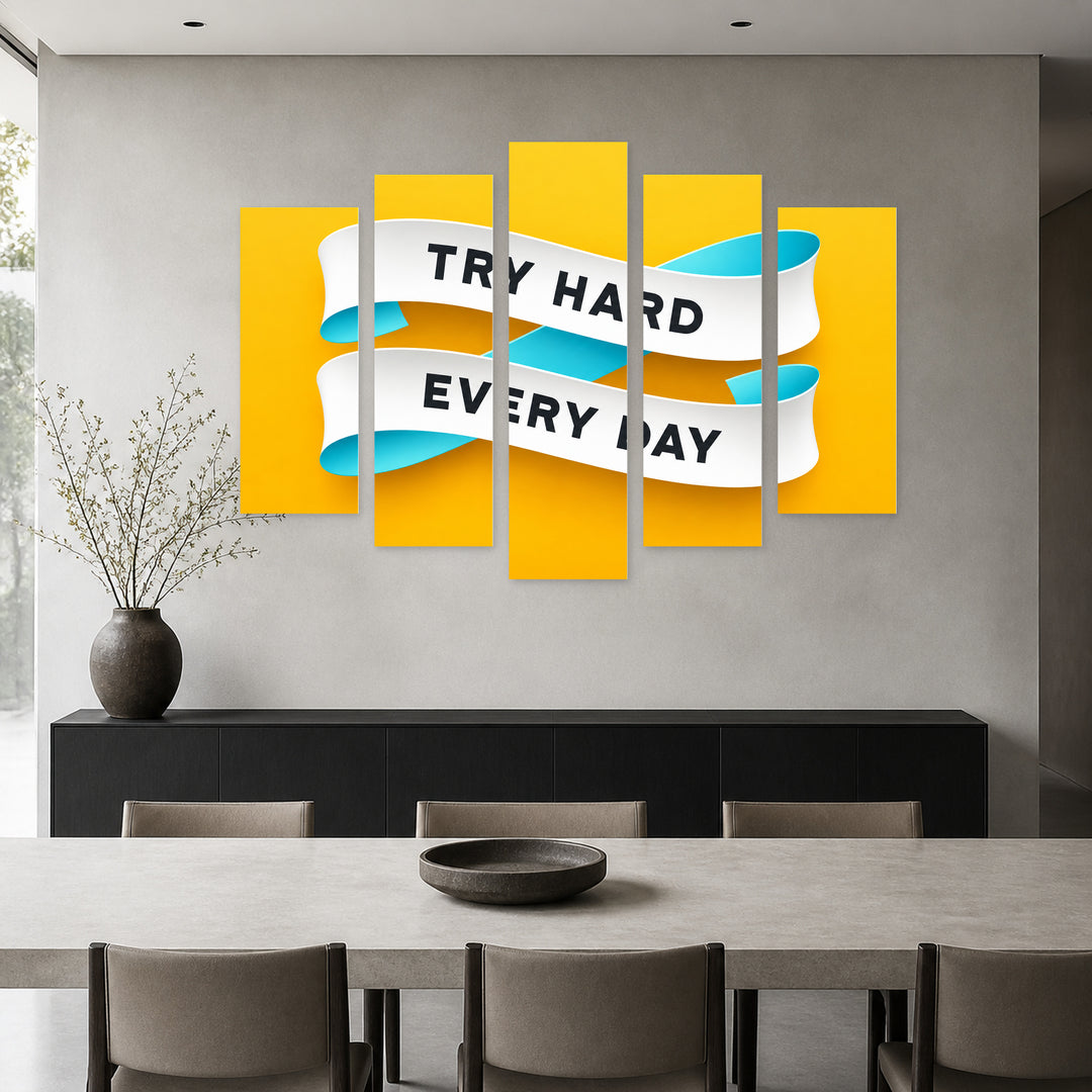 Try Hard Every Day in Blue and Gold — five-panel wall art in frontal interior | 5wallart 57224 M3
