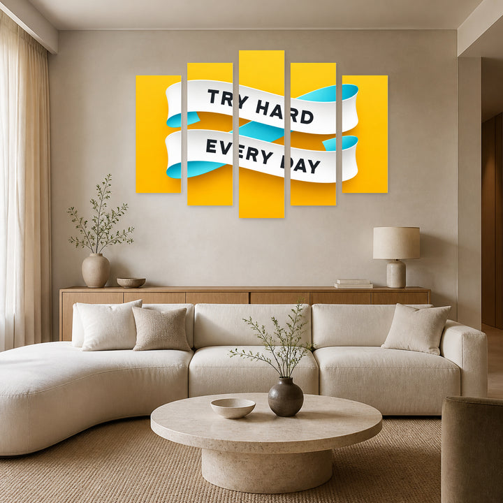Try Hard Every Day in Blue and Gold — five-panel wall art in alternate frontal interior | 5wallart 57224 M4