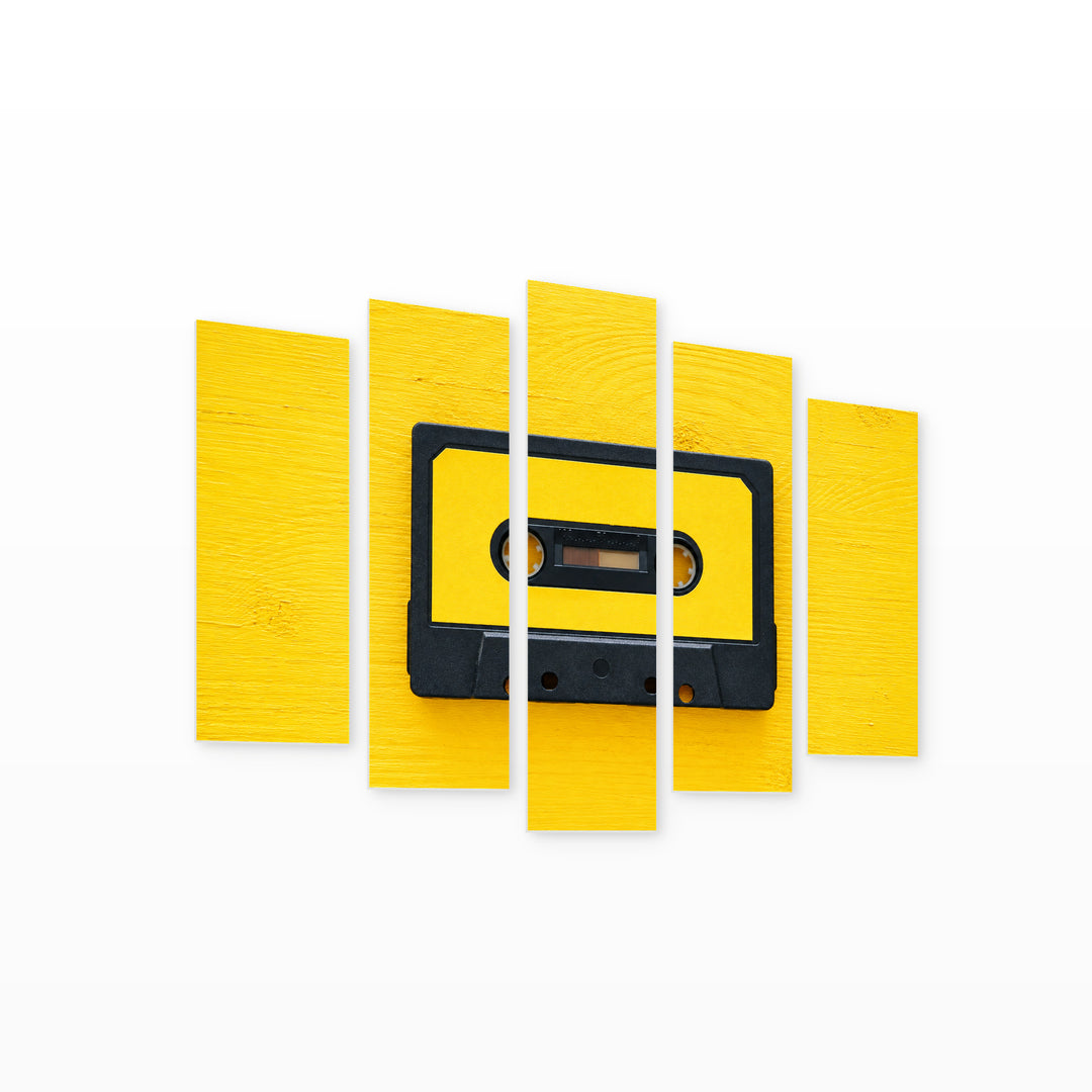 Retro Yellow Cassette with Geometric Rhythm — five-panel wall art on white background in perspective | 5wallart 57227 M1