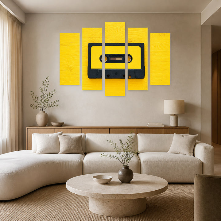 Retro Yellow Cassette with Geometric Rhythm — five-panel wall art in frontal interior | 5wallart 57227 M3