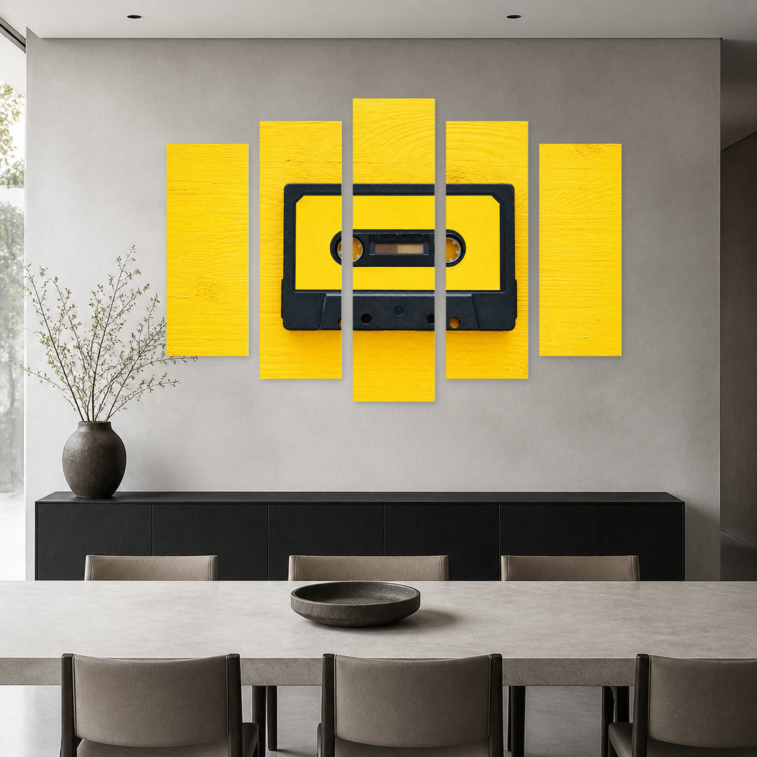 Retro Yellow Cassette with Geometric Rhythm — five-panel wall art in alternate frontal interior | 5wallart 57227 M4