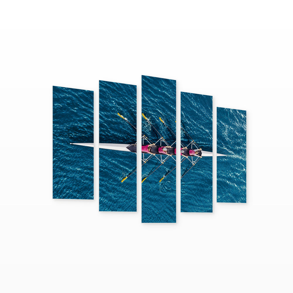 Women's Rowing Team on Blue Water Motion Study — five-panel wall art on white background in perspective | 5wallart 57233 M1