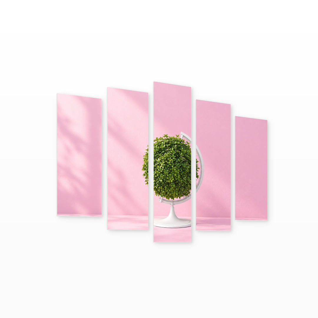Globe on Pastel Pink Background in Serene Light — five-panel wall art on white background in perspective | 5wallart 57234 M1