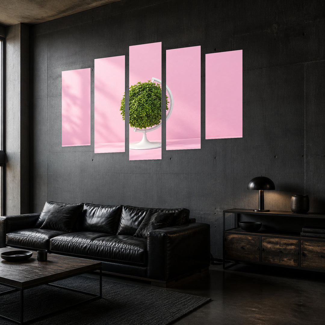 Globe on Pastel Pink Background in Serene Light — five-panel wall art in perspective interior | 5wallart 57234 M2