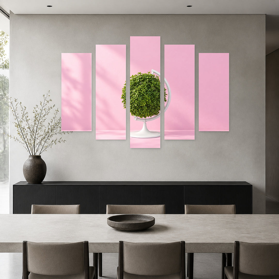 Globe on Pastel Pink Background in Serene Light — five-panel wall art in frontal interior | 5wallart 57234 M3