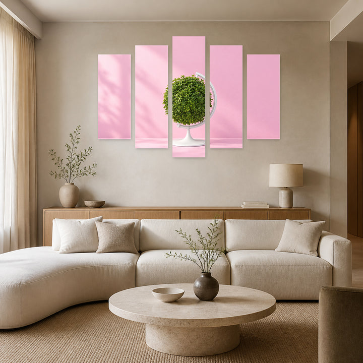 Globe on Pastel Pink Background in Serene Light — five-panel wall art in alternate frontal interior | 5wallart 57234 M4