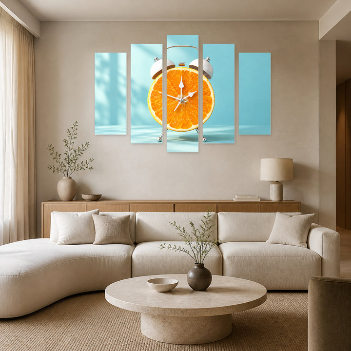 Creative Alarm Clock with Geometric Rhythm — five-panel wall art in frontal interior | 5wallart 57235 M3