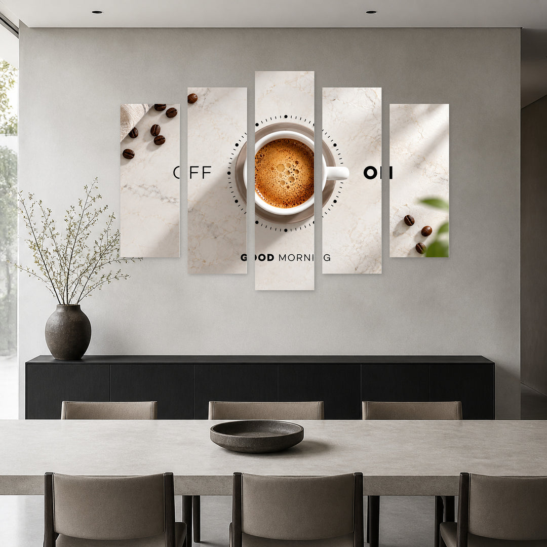 Coffee to Start the Day Still Life — five-panel wall art in alternate frontal interior | 5wallart 57237 M4