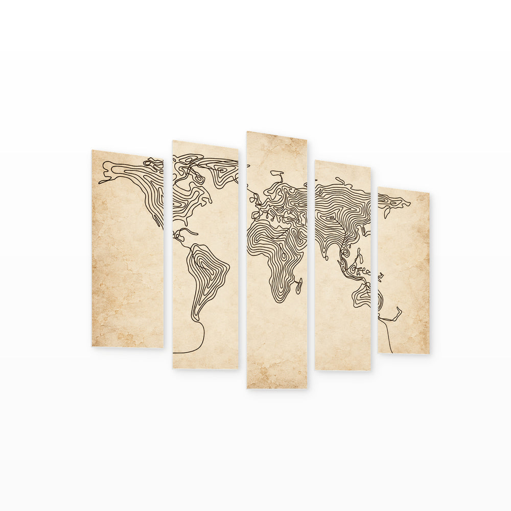 World Map in One Line Vintage Study — five-panel wall art on white background in perspective | 5wallart 57239 M1