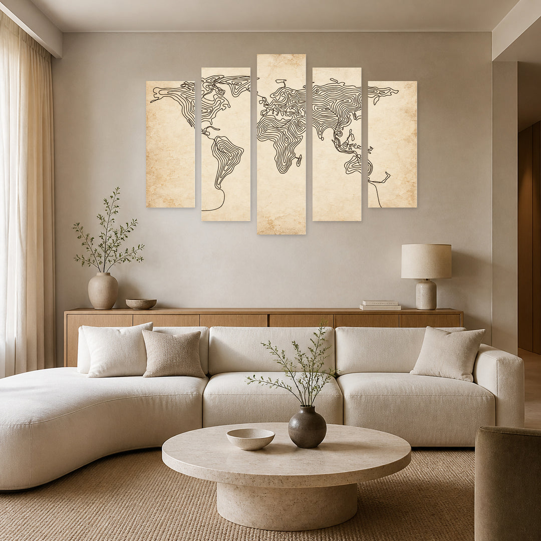 World Map in One Line Vintage Study — five-panel wall art in frontal interior | 5wallart 57239 M3