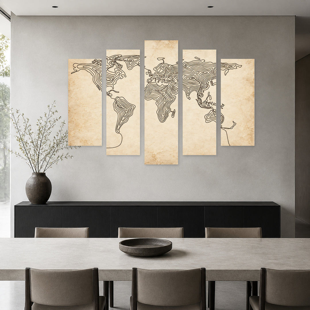 World Map in One Line Vintage Study — five-panel wall art in alternate frontal interior | 5wallart 57239 M4