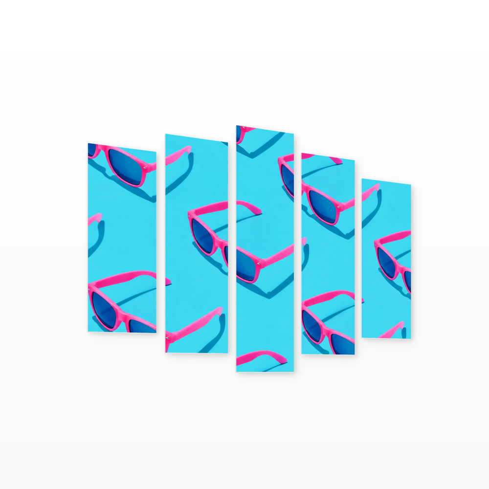 Pink Sunglasses Model on Pastel Blue Minimal Summer — five-panel wall art on white background in perspective | 5wallart 57243 M1