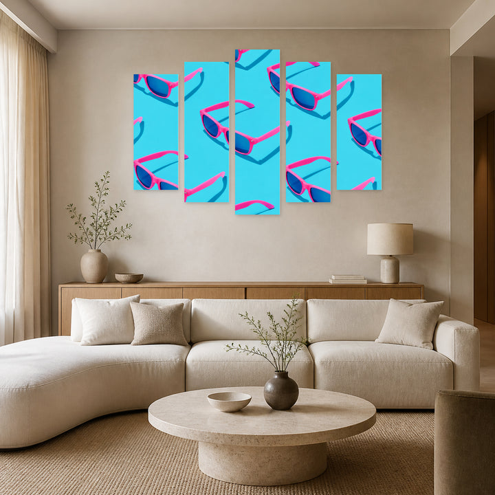 Pink Sunglasses Model on Pastel Blue Minimal Summer — five-panel wall art in frontal interior | 5wallart 57243 M3