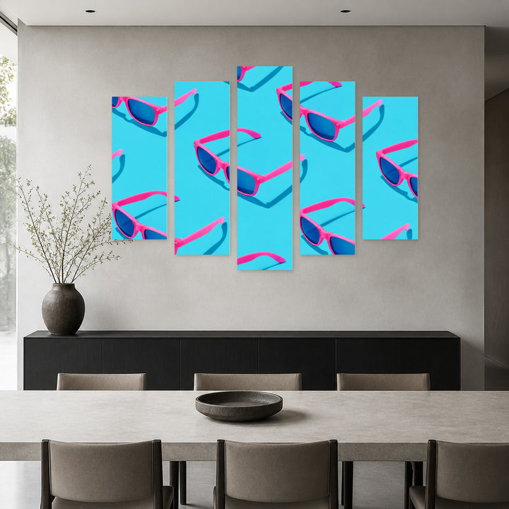 Pink Sunglasses Model on Pastel Blue Minimal Summer — five-panel wall art in alternate frontal interior | 5wallart 57243 M4